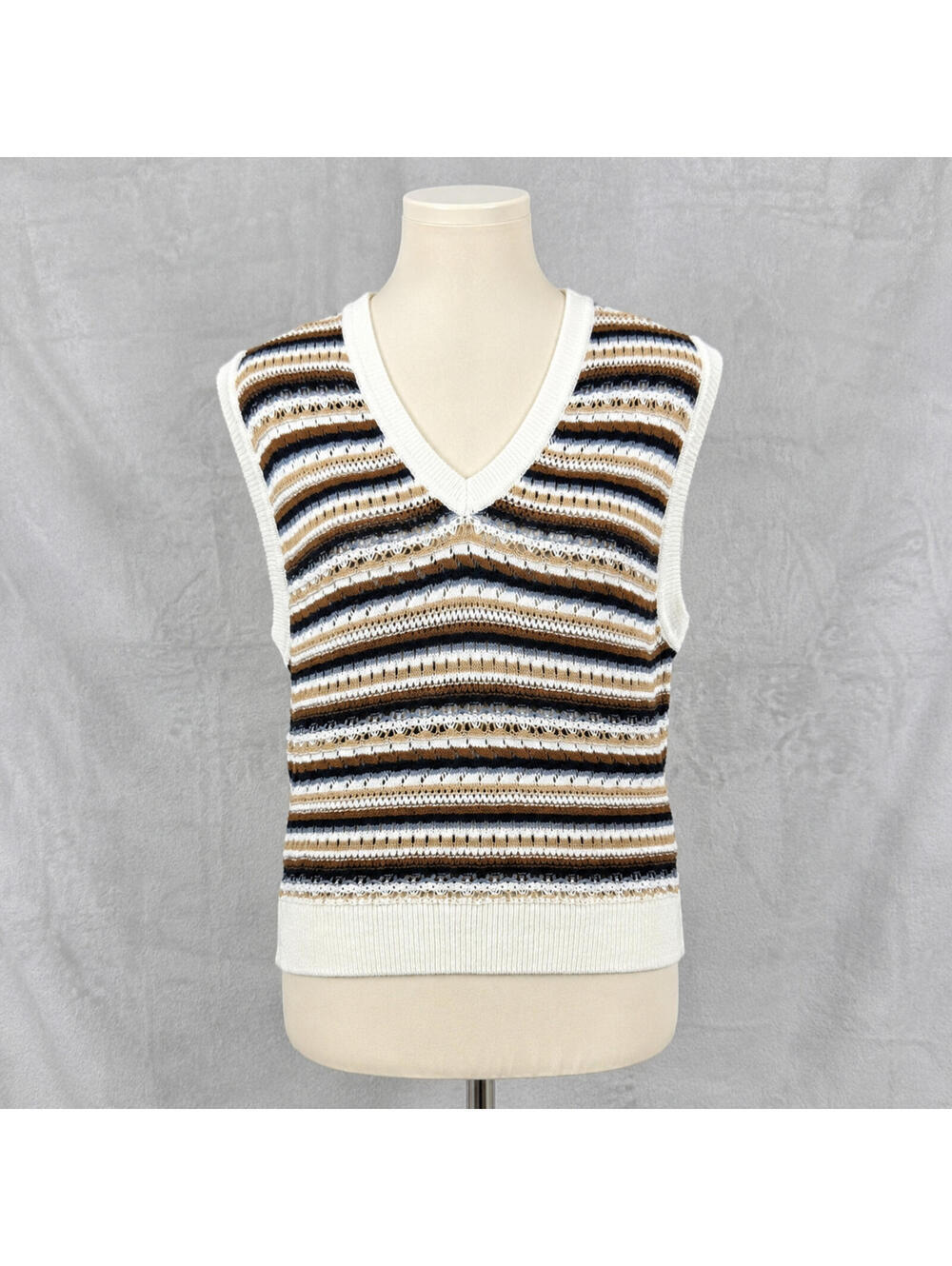 Laura Crochet Knit Sweater Vest Boho Striped V Neck Women’s XL Layering Coastal
